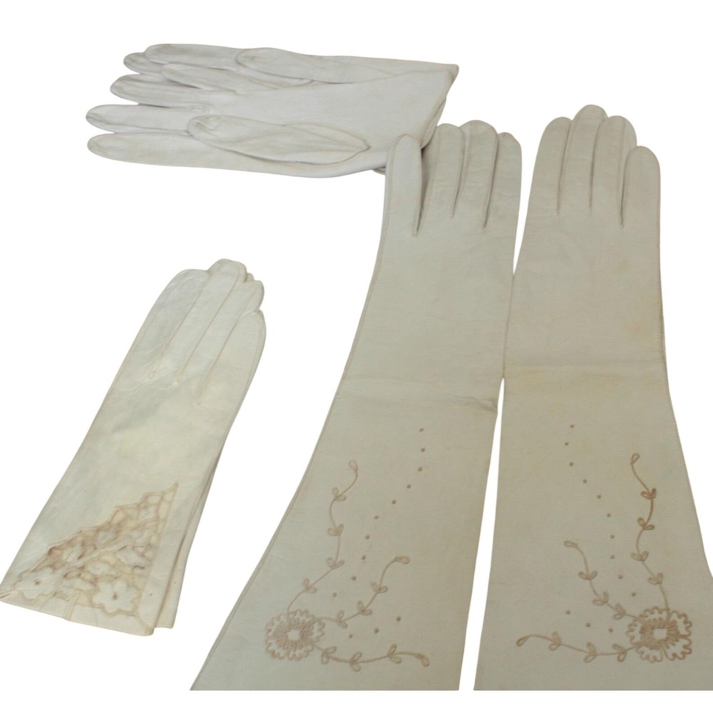 Vintage Aris Van Raalte Kidskin Leather Gloves Lot 5 Pairs Ivory Cream Lace 7.5 - Picture 12 of 16